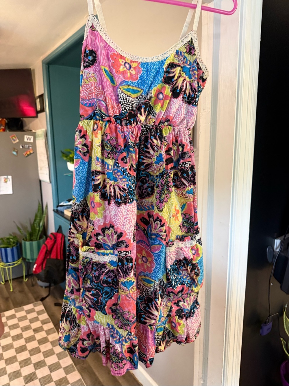 Maurices Small Colorful Boho Patchwork Sundress Smocked Back Crochet Trim